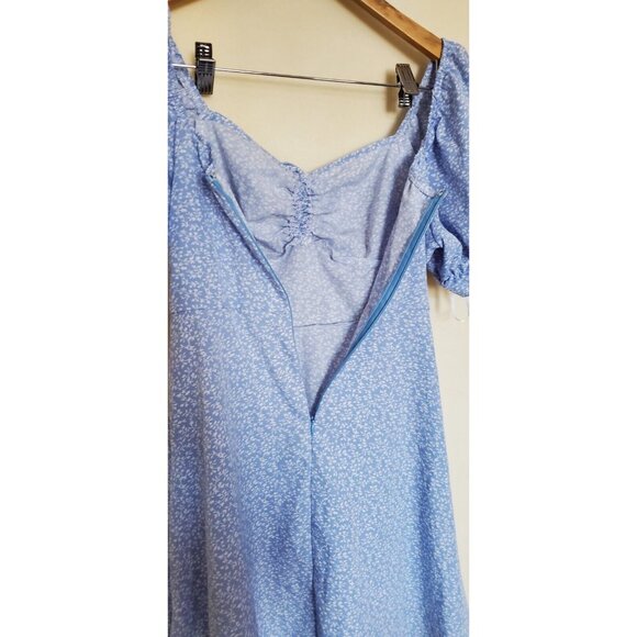 Blue Floral Dress Size S Back Zip Cottage Core Puffed Short Sleeve Off Shoulders - Picture 3 of 16